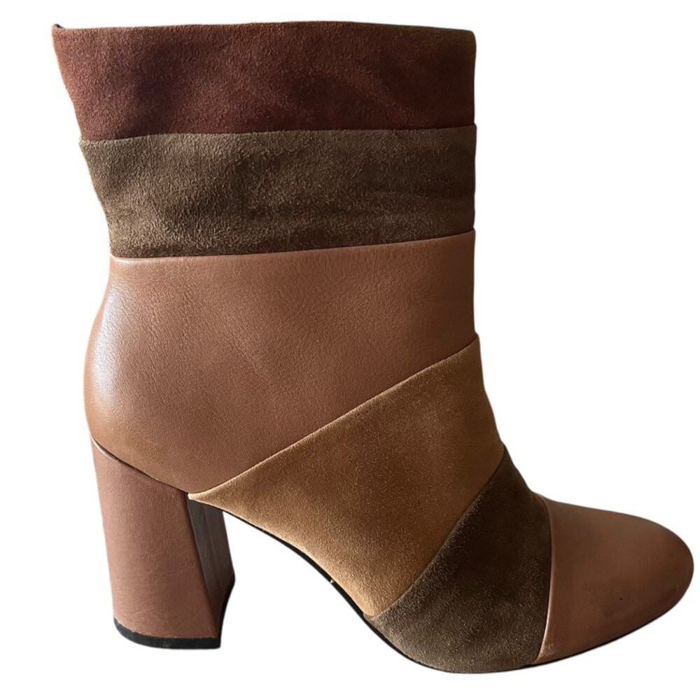 Poetic Licence Women's‎ 7.5 Tan Leather Booties Patchwork Places Heeled London - Picture 10 of 12